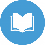 White icon of an open book on a blue circle background