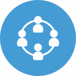 Icon of four people in a circle on a blue background