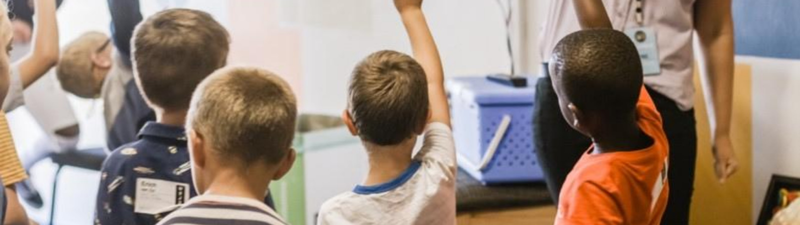 kids in a classroom raising their hands for the teacher